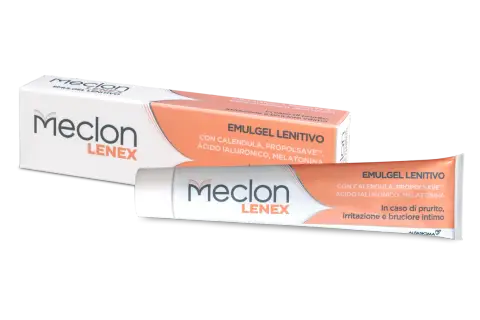 Meclon Lenex Emulgel Lenitivo, ideale per prurito intimo senza perdite, con calendula e acido ialuronico.