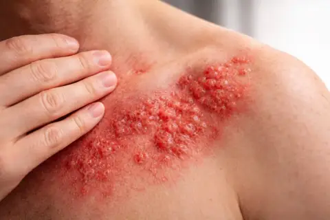 Eruzione cutanea rossa e vescicolare sul petto, che ricorda il fuoco di Sant'Antonio. Si cercano rimedi per alleviare il prurito e il dolore.